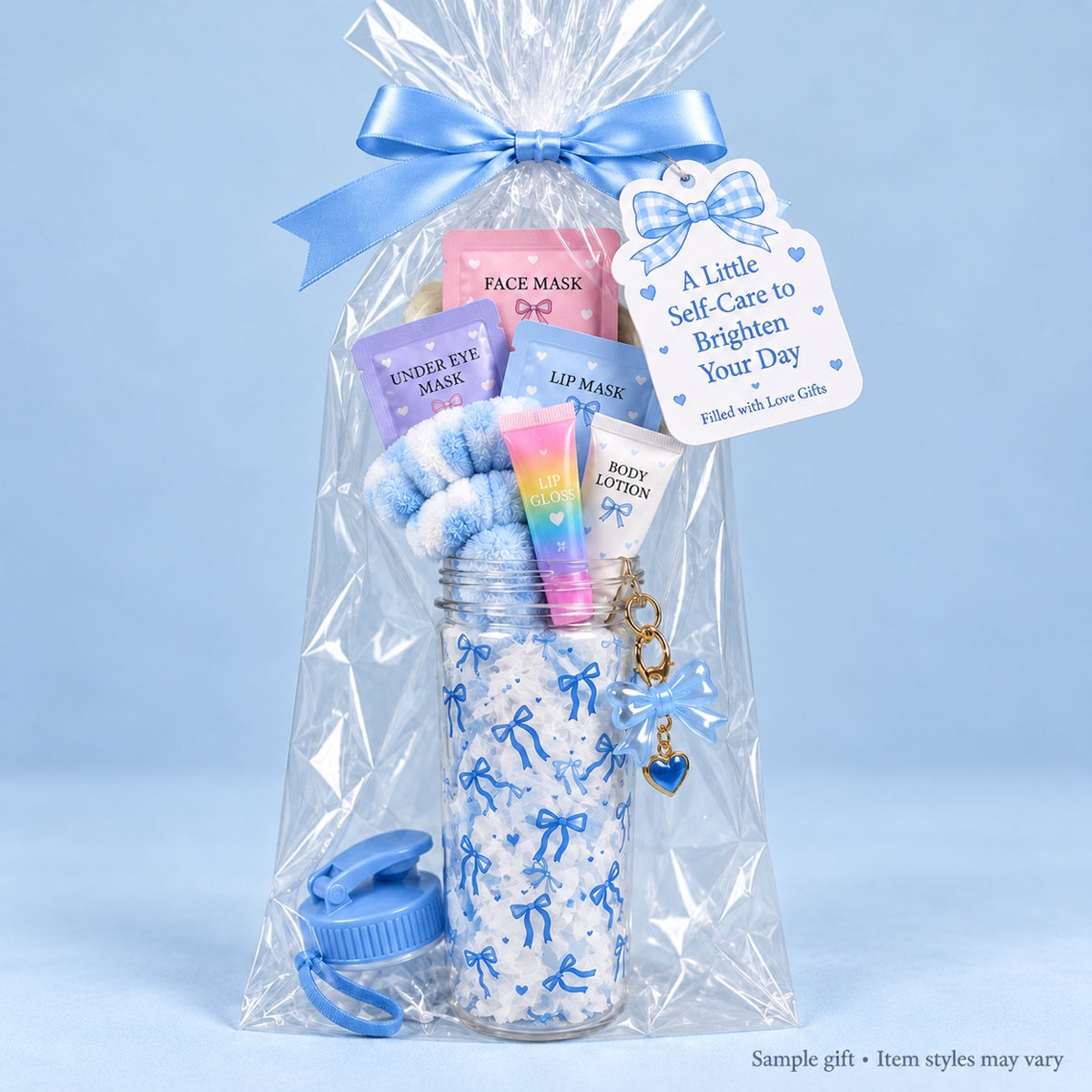 Bow Spa Water Bottle Gift Set | Pampering Gift with Face Mask Lip Gloss