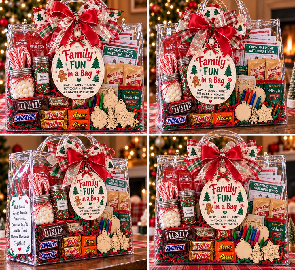 Family Fun in a Bag | Christmas Movie Night Kit with Hot Cocoa, Games & Crafts