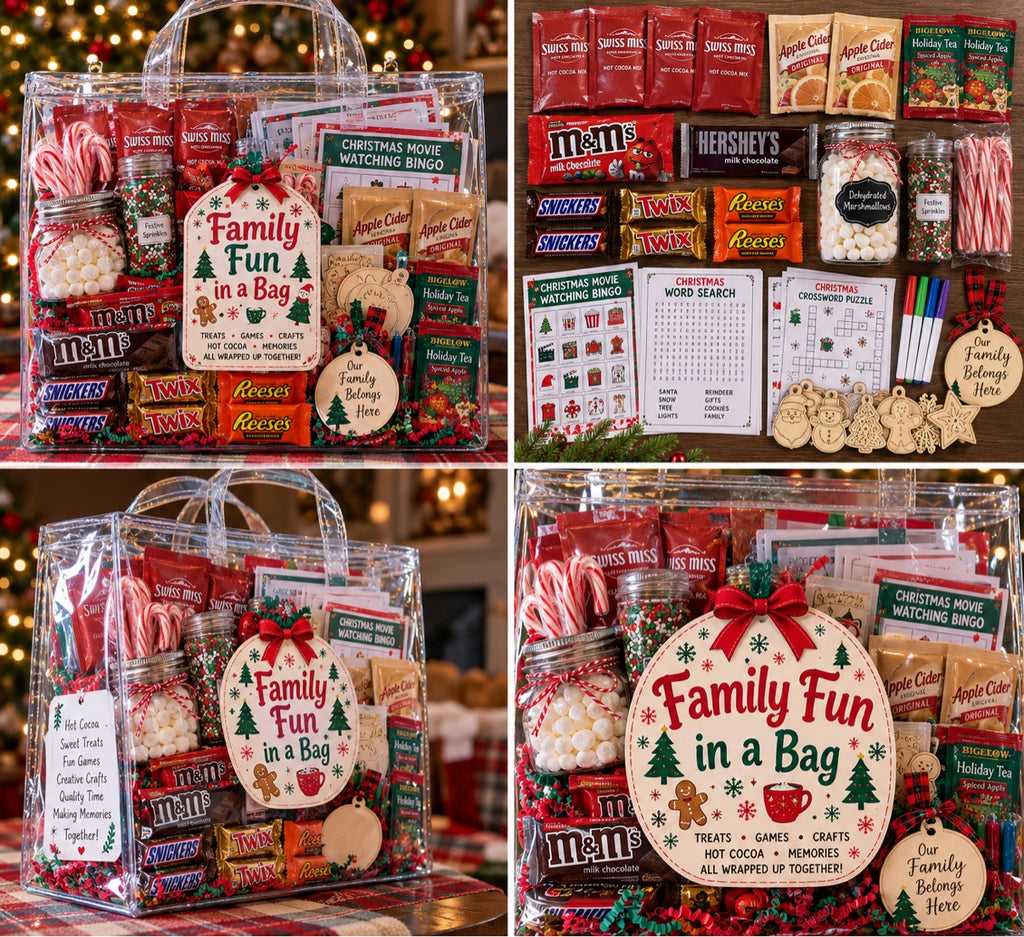 Family Fun in a Bag | Christmas Movie Night Kit with Hot Cocoa, Games & Crafts