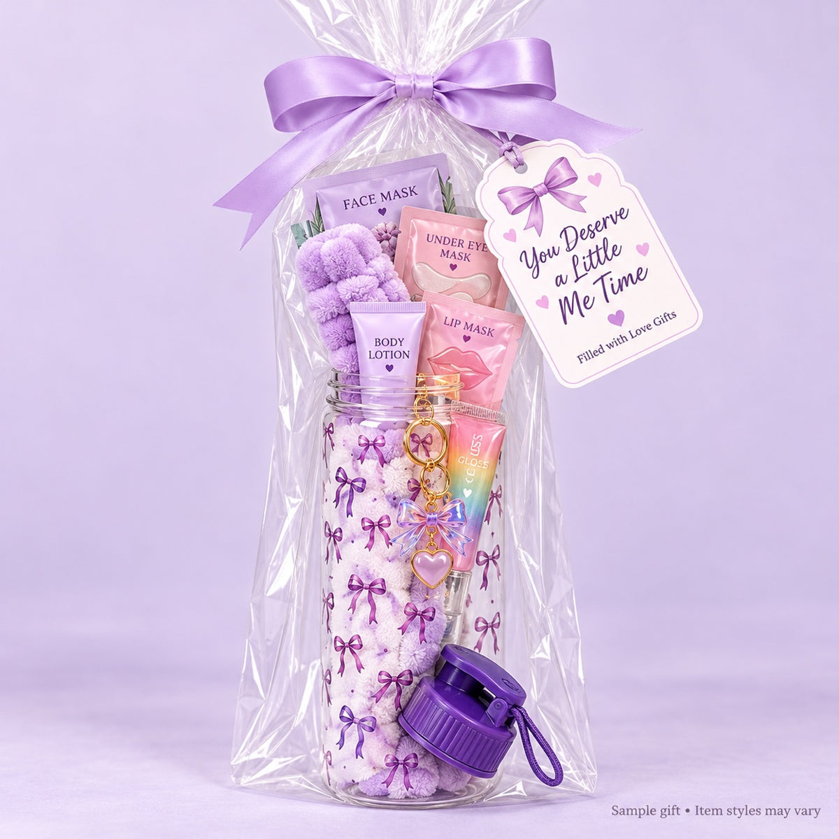 Bow Spa Water Bottle Gift Set | Pampering Gift with Face Mask Lip Gloss