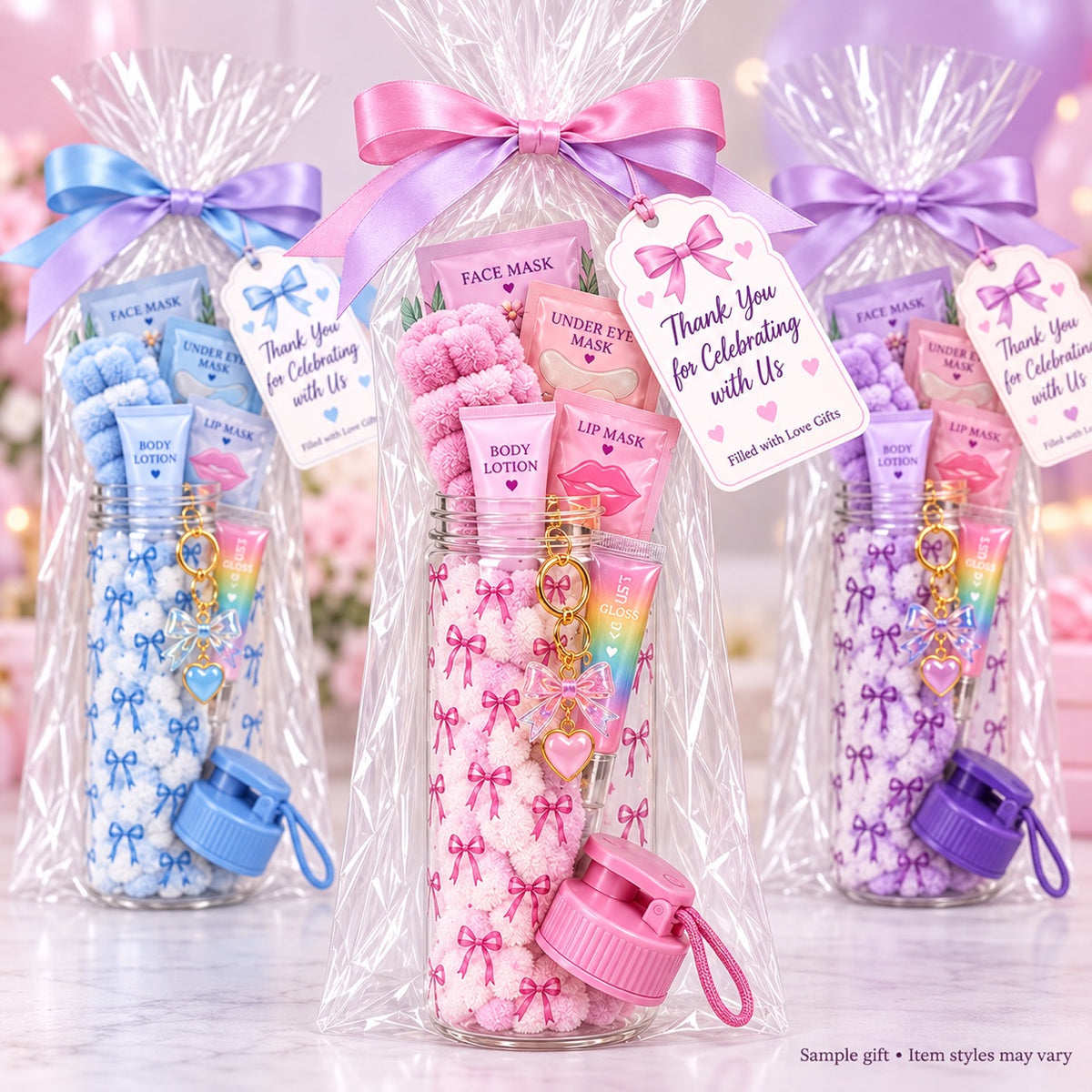 Bow Spa Water Bottle Gift Set | Pampering Gift with Face Mask Lip Gloss
