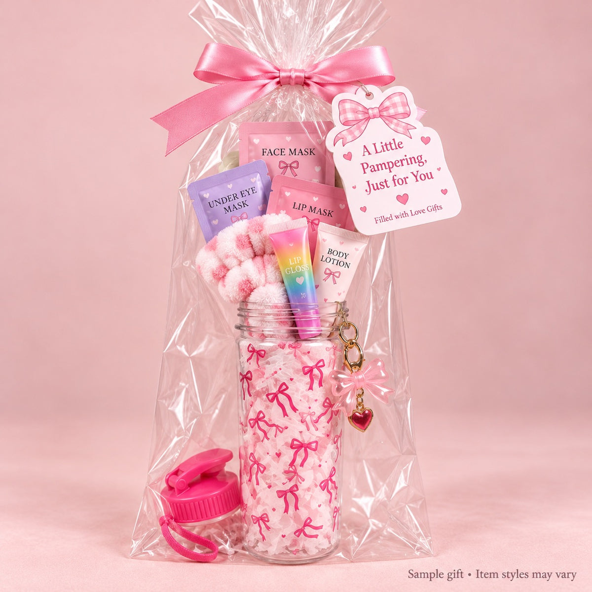 Bow Spa Water Bottle Gift Set | Pampering Gift with Face Mask Lip Gloss