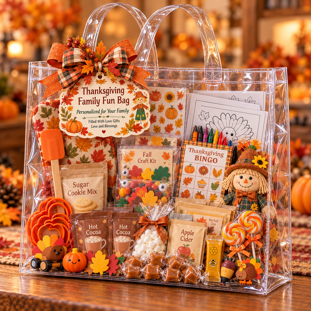 Thanksgiving Family Fun Bag - side view of clear gift bag with scarecrow plush, Bingo and cocoa
