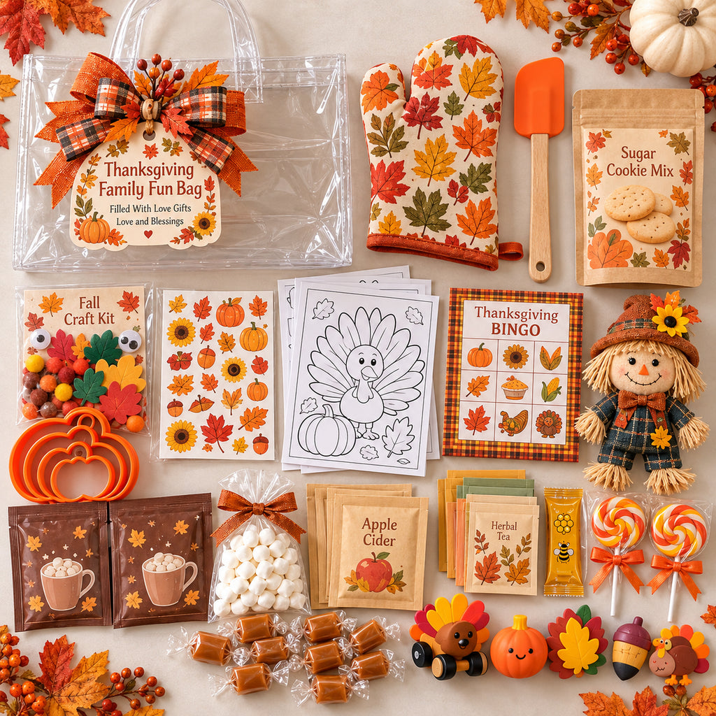 Thanksgiving Family Fun Bag contents - Sugar Cookie version flat lay with oven mitt, craft kit, Bingo, cocoa and treats