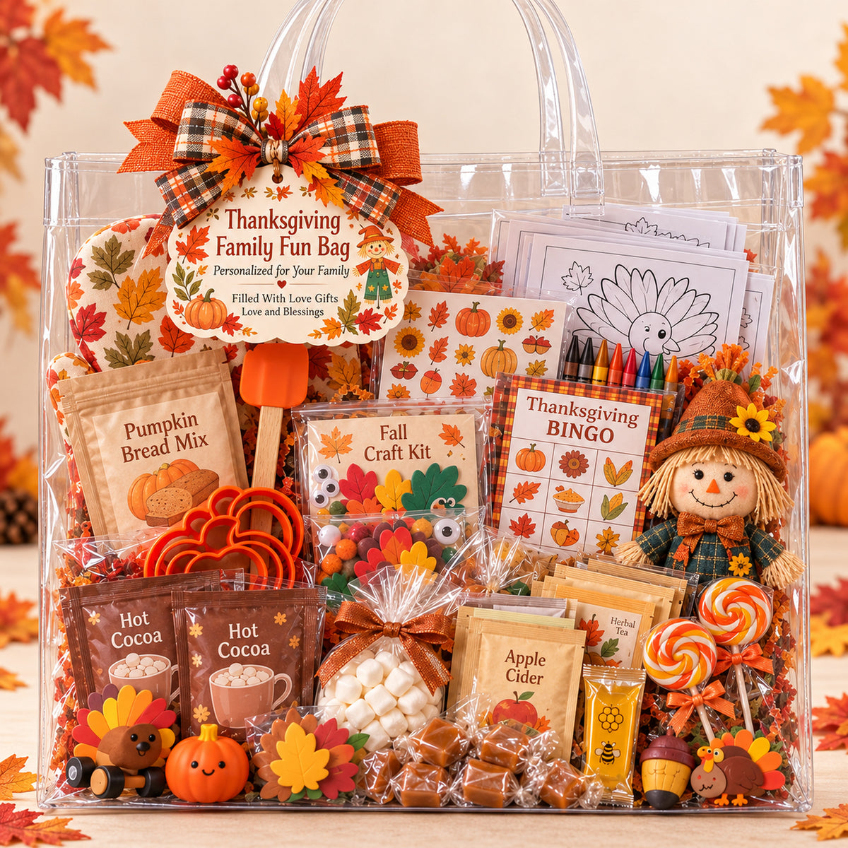 Thanksgiving Family Fun Bag - Pumpkin Bread Mix version, clear gift bag with fall bow and personalized tag