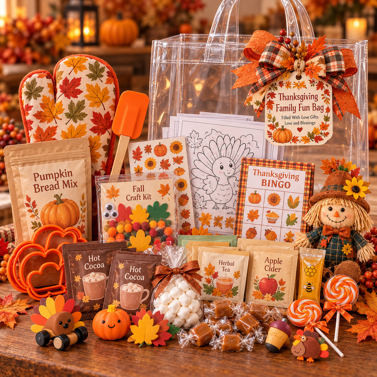 Thanksgiving Family Fun Bag contents - Pumpkin Bread version flat lay with oven mitt, craft kit, Bingo, cocoa and treats