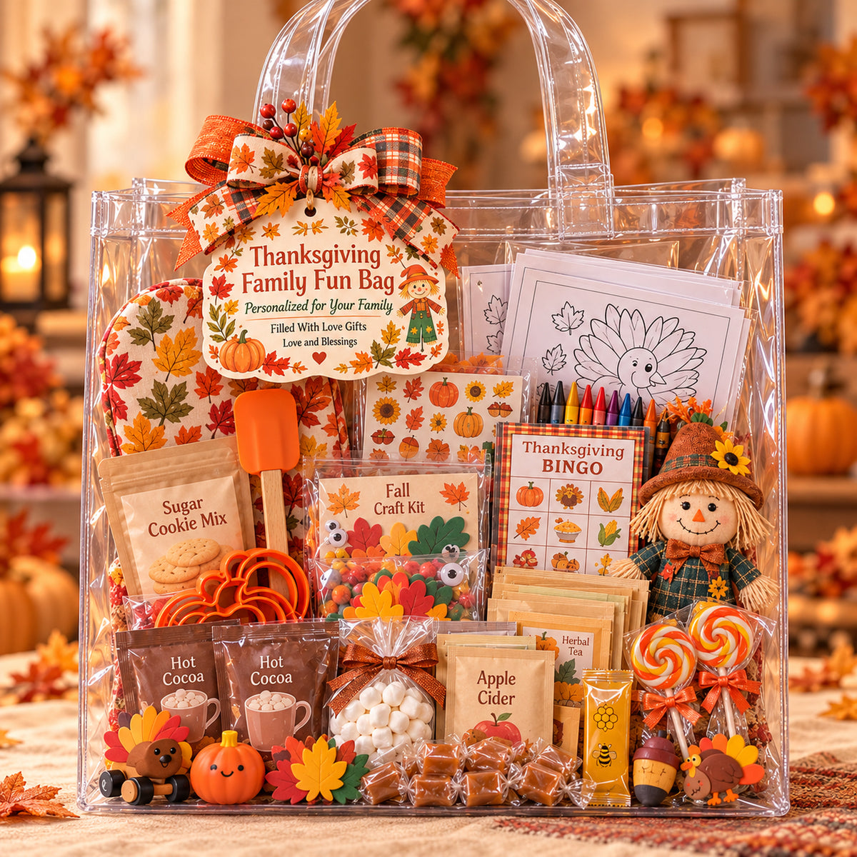 Thanksgiving Family Fun Bag - Sugar Cookie Mix version, wrapped gift bag with fall bow