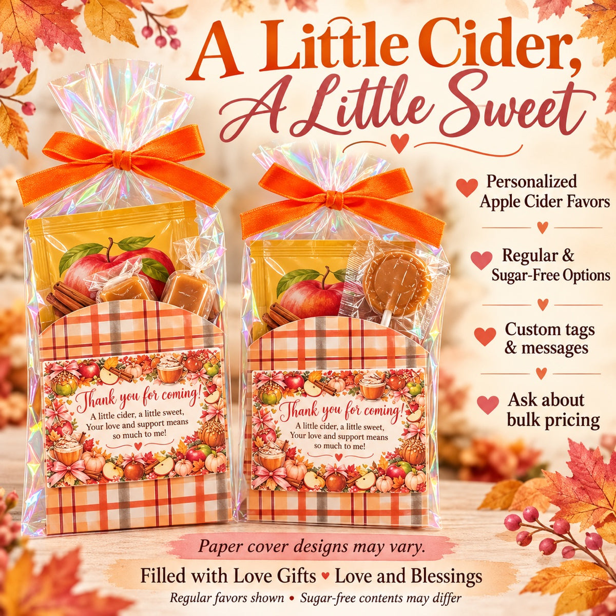 A Little Cider, A Little Sweet — Personalized Apple Cider Favors, Regular & Sugar-Free Options, custom tags & messages, bulk pricing