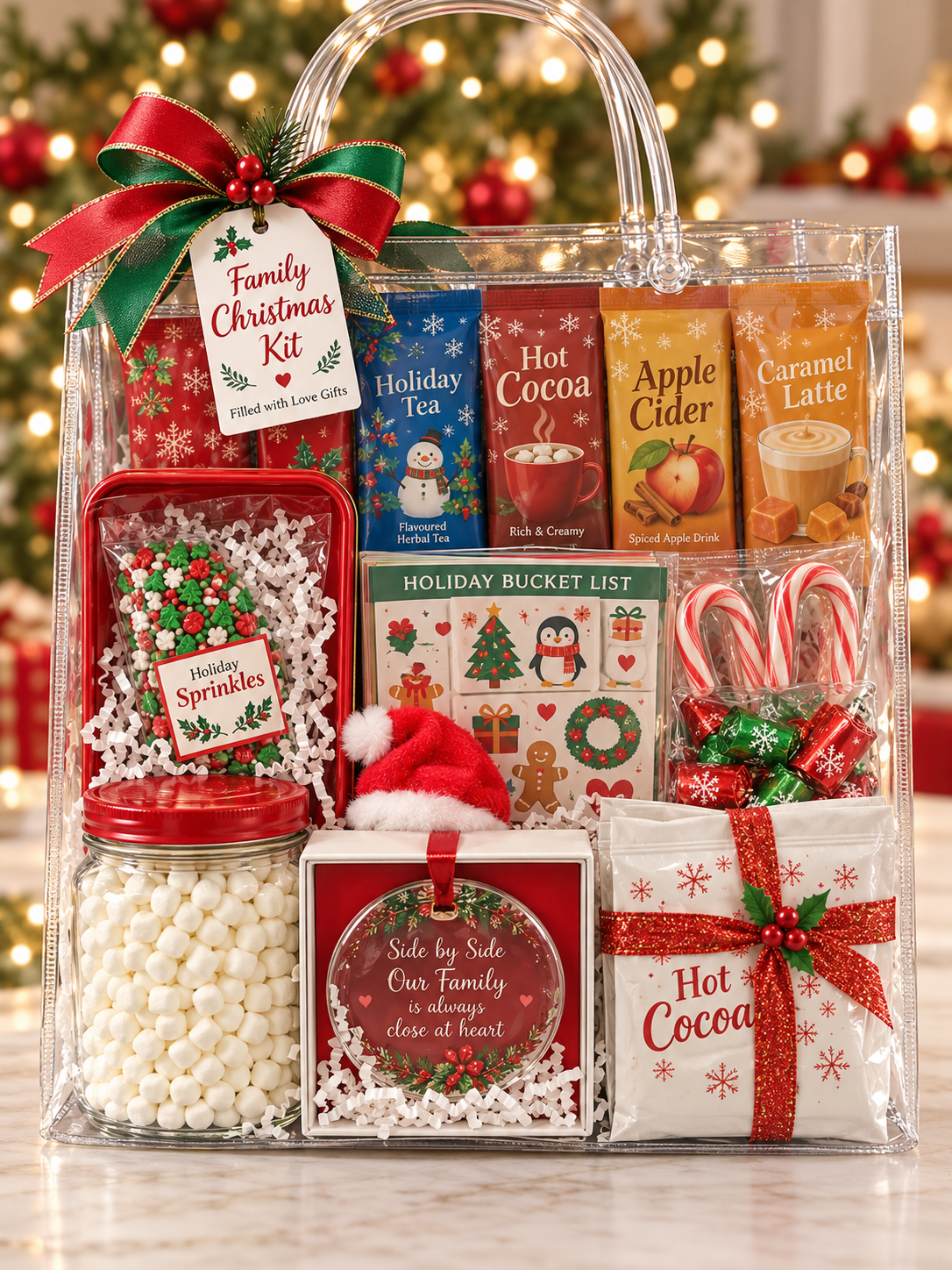 Styled mockup of Family Christmas Kit in clear handled bag with festive bow; packaging styles vary.