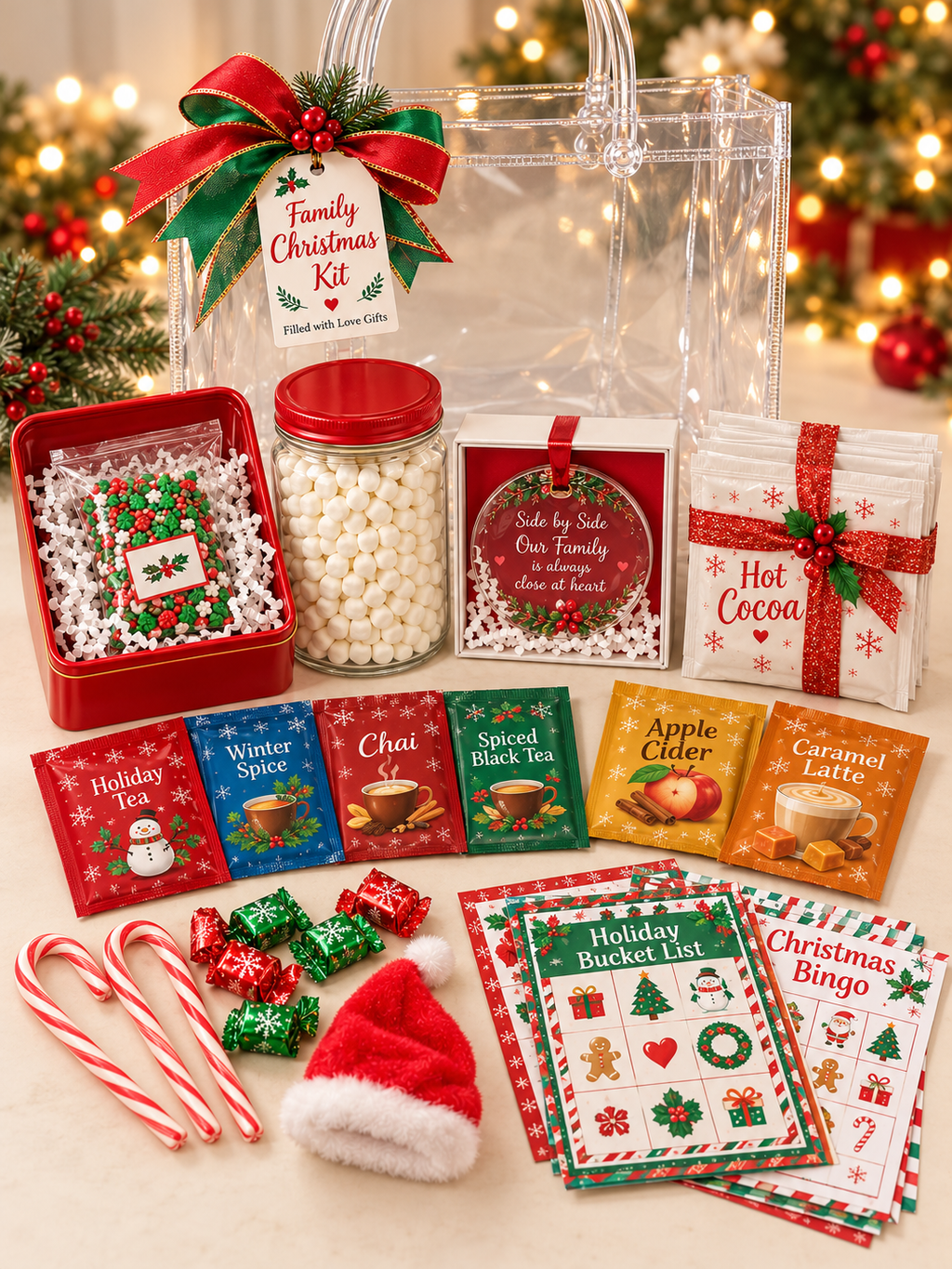 Styled mockup showing Christmas drinks, treats, family ornament and games arranged outside bag; packaging styles vary.