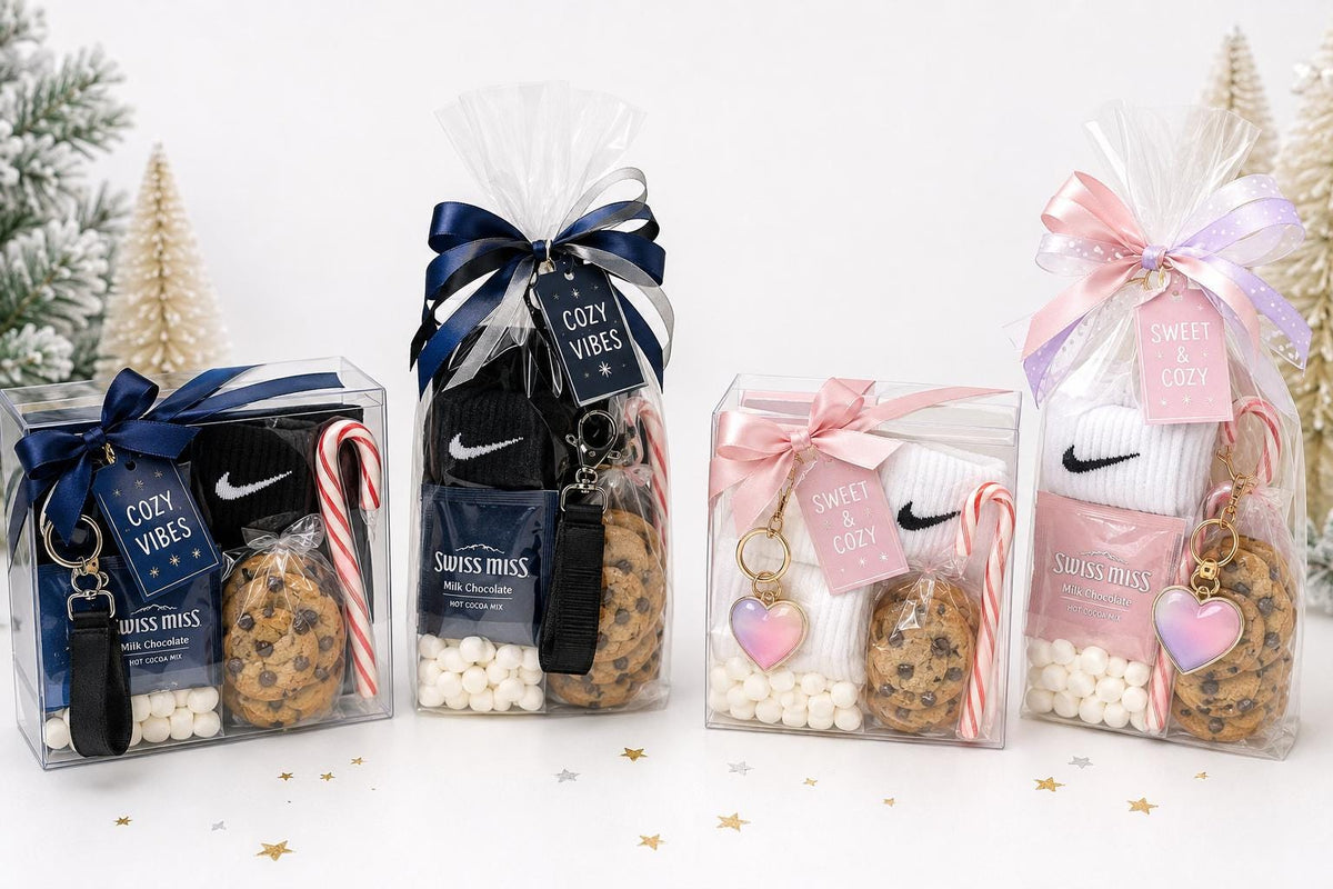 Teen Christmas Gift Box with Nike or Under Armour Socks, Cocoa, Cookies and Keychain