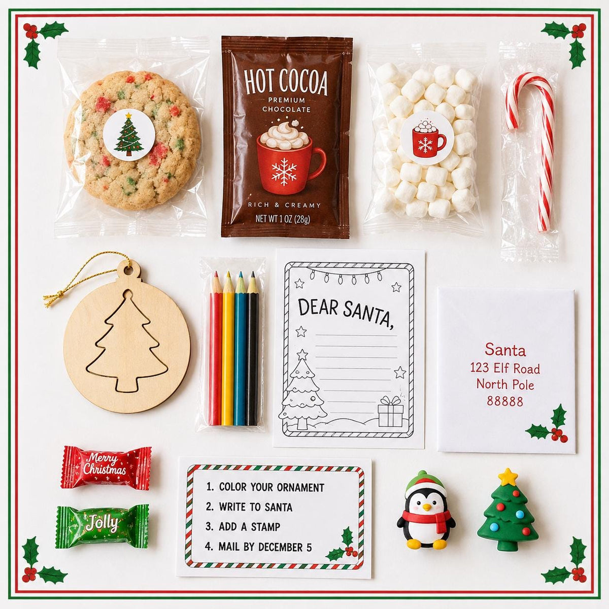 Santa's Cozy Christmas Activity Kit, Cocoa, Ornament, Letter to Santa (Ages 3+)