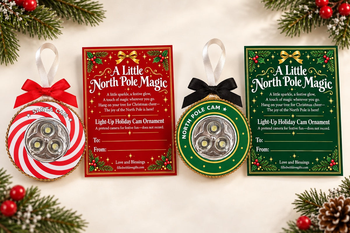 Santa Cam and North Pole Cam ornaments with A Little North Pole Magic gift cards